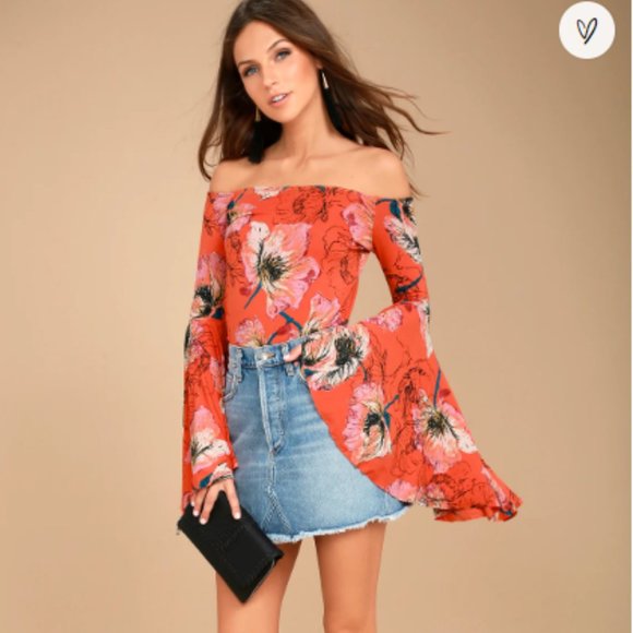Free People Birds of Paradise Coral Orange Floral Top - Picture 1 of 3